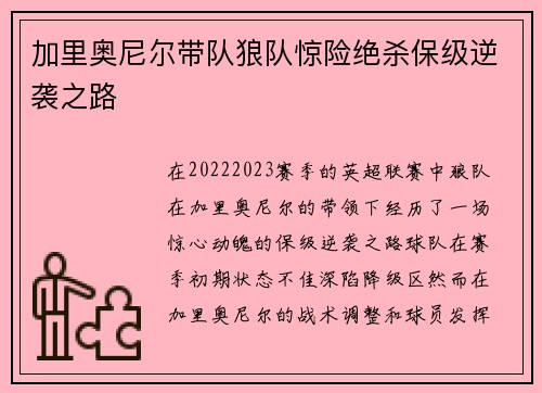 加里奥尼尔带队狼队惊险绝杀保级逆袭之路